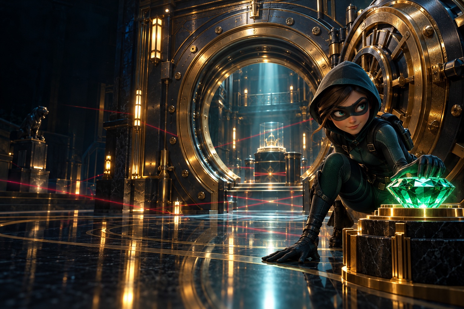 A masked jewel thief beside an emerald inside a glowing brass vault